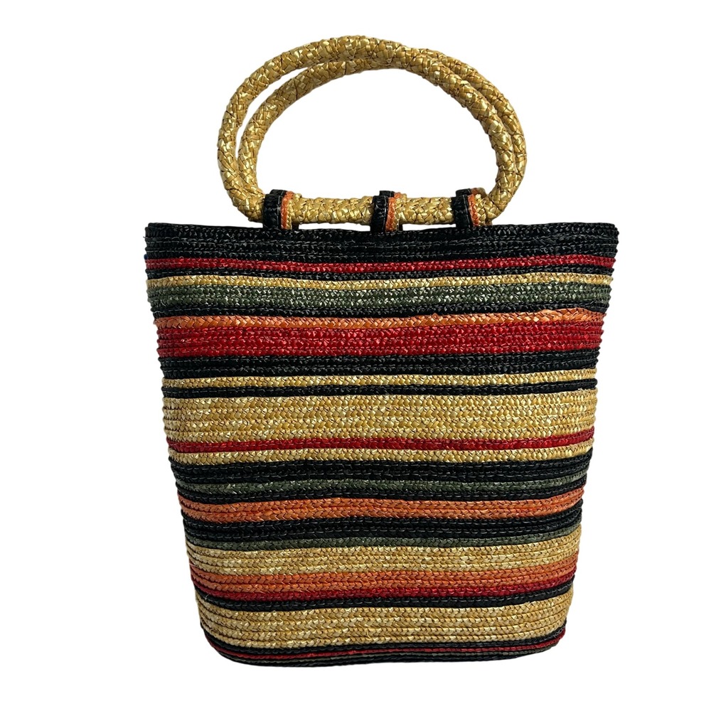 Faded Glory Woven Wheat Straw Tote Bag Striped Boho Y2K Beach Purse